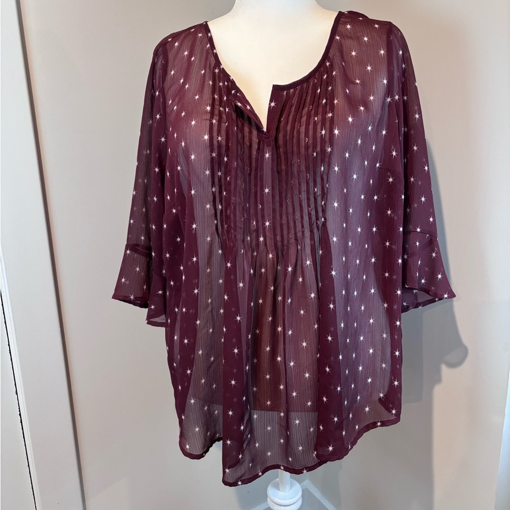 Torrid Size 2 Maroon Star Print Sheer Blouse • 100% Polyester